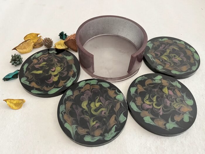 Misa Allium Coasters with holder- Black with Neon colors- Set of 4