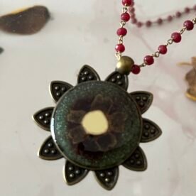 Necklace- Misa Flora Allium Pendant with Red Beaded Chain- Red, Silver, Dried flower, Mirror 3 IMG 6684