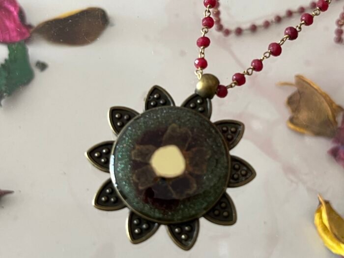 Necklace- Misa Flora Allium Pendant with Red Beaded Chain- Red, Silver, Dried flower, Mirror