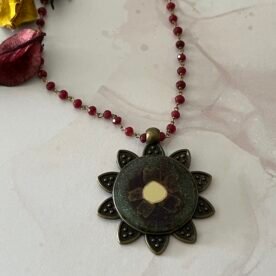 Necklace- Misa Flora Allium Pendant with Red Beaded Chain- Red, Silver, Dried flower, Mirror 4 IMG 6685