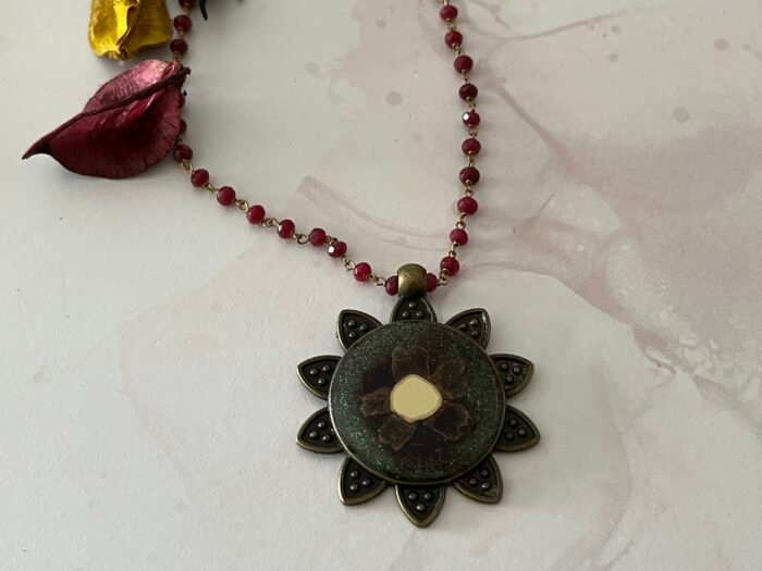 Necklace- Misa Flora Allium Pendant with Red Beaded Chain- Red, Silver, Dried flower, Mirror - Image 2