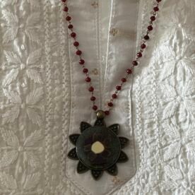 Necklace- Misa Flora Allium Pendant with Red Beaded Chain- Red, Silver, Dried flower, Mirror 5 IMG 6686