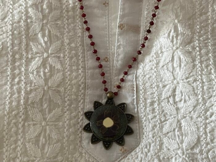Necklace- Misa Flora Allium Pendant with Red Beaded Chain- Red, Silver, Dried flower, Mirror - Image 3