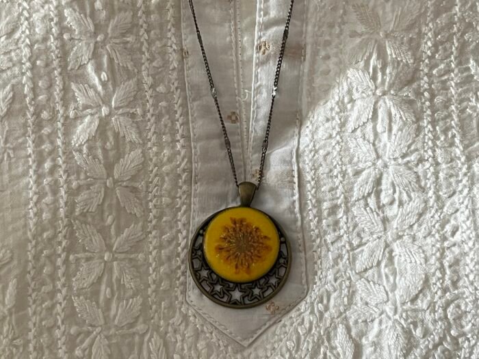 Necklace- Misa Allium Pendant with Fancy Silver Chain- Yellow, Orange Dried flower - Image 3