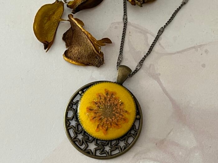 Necklace- Misa Allium Pendant with Fancy Silver Chain- Yellow, Orange Dried flower - Image 2