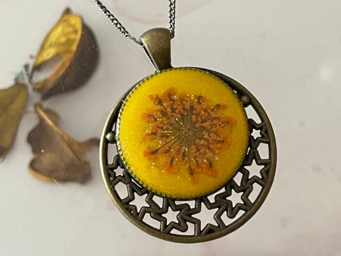 Necklace- Misa Allium Pendant with Fancy Silver Chain- Yellow, Orange Dried flower