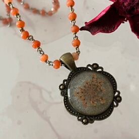 Necklace- Misa Allium Pendant with Orange Beaded Chain- Silver, Orange dried flower 3 IMG 6691