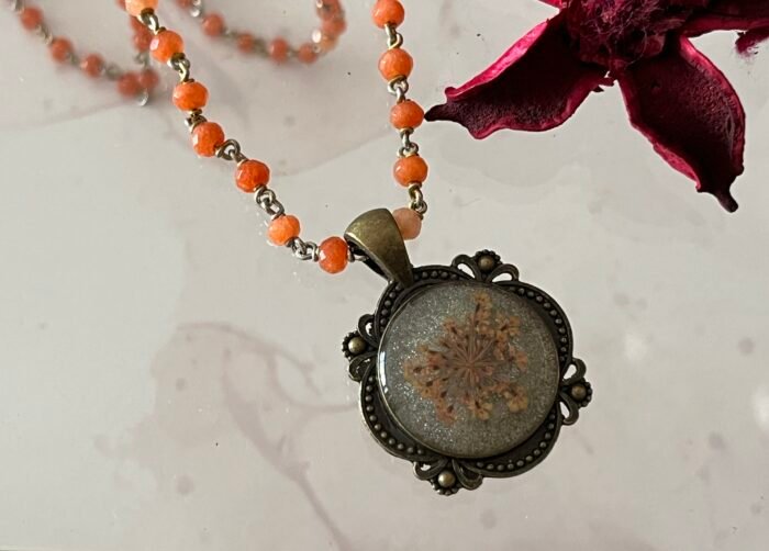 Necklace- Misa Allium Pendant with Orange Beaded Chain- Silver, Orange dried flower
