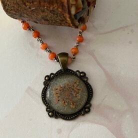 Necklace- Misa Allium Pendant with Orange Beaded Chain- Silver, Orange dried flower 4 IMG 6692