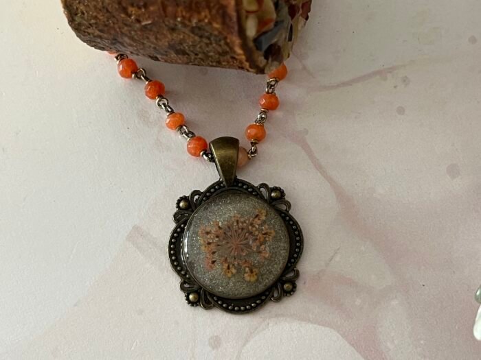 Necklace- Misa Allium Pendant with Orange Beaded Chain- Silver, Orange dried flower - Image 2