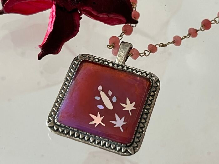 Necklace- Misa Cornus Pendant with Antique Carved edge &  Pink Beaded Chain- Plush Pink base, Holographic design