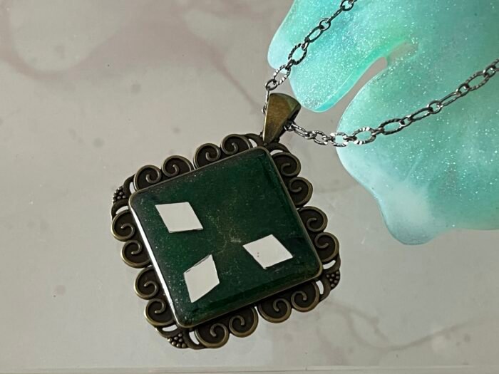Necklace- Misa Cornus Pendant with Fancy Silver Chain- Bottle Green base, Mirrors - Image 3