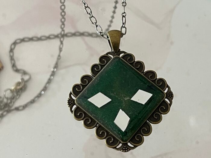 Necklace- Misa Cornus Pendant with Fancy Silver Chain- Bottle Green base, Mirrors