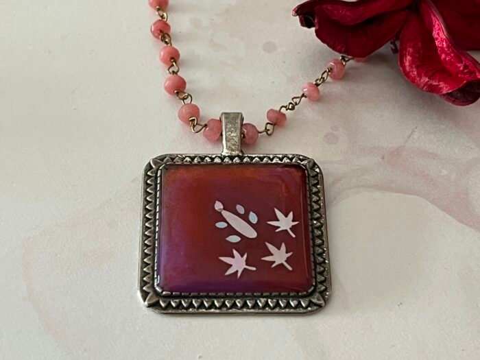 Necklace- Misa Cornus Pendant with Antique Carved edge &  Pink Beaded Chain- Plush Pink base, Holographic design - Image 2