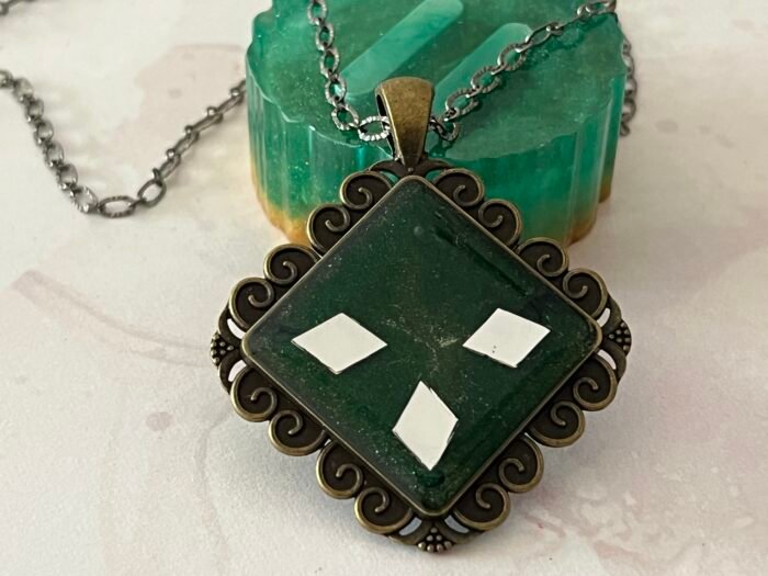 Necklace- Misa Cornus Pendant with Fancy Silver Chain- Bottle Green base, Mirrors - Image 2
