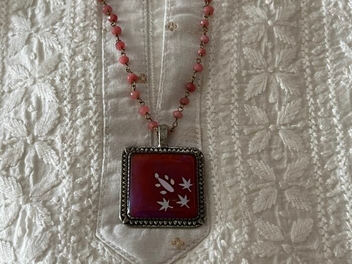 Necklace- Misa Cornus Pendant with Antique Carved edge &  Pink Beaded Chain- Plush Pink base, Holographic design - Image 3