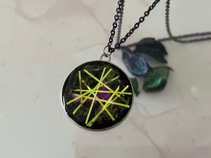 Necklace- Misa Allium Pendant with Black Cable Chain- Shaded Purple &  Iridescent streaks