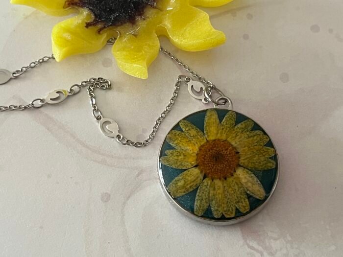 Necklace- Misa Allium Pendant with Fancy Silver Chain- Turquoise Blue base, Yellow flower