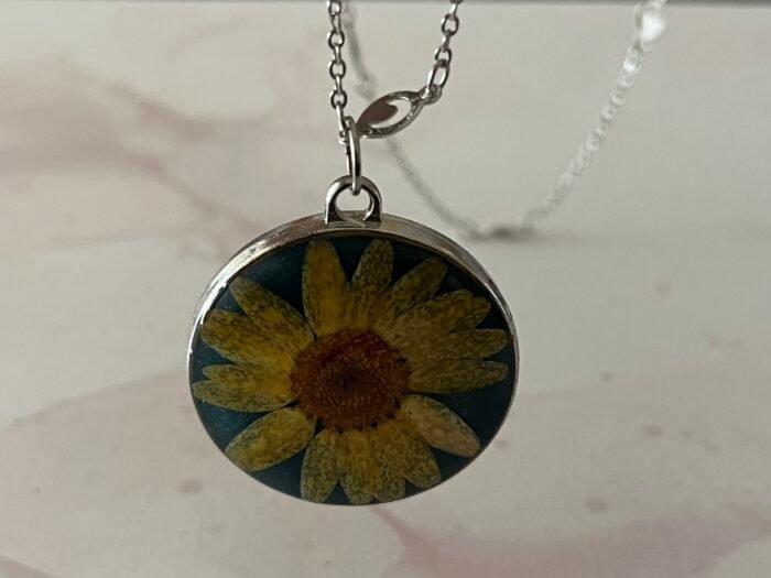Necklace- Misa Allium Pendant with Fancy Silver Chain- Turquoise Blue base, Yellow flower - Image 2