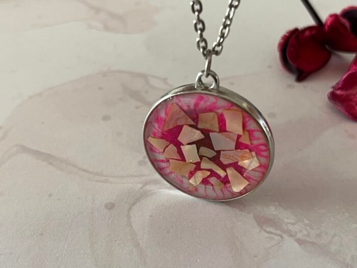 Necklace- Misa Allium Pendant with Silver Cable Chain- Pink with Iridescent shell pieces