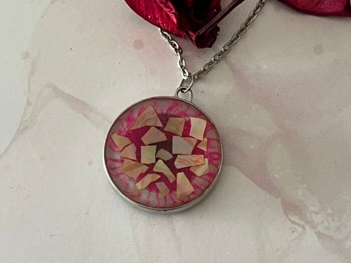 Necklace- Misa Allium Pendant with Silver Cable Chain- Pink with Iridescent shell pieces - Image 2