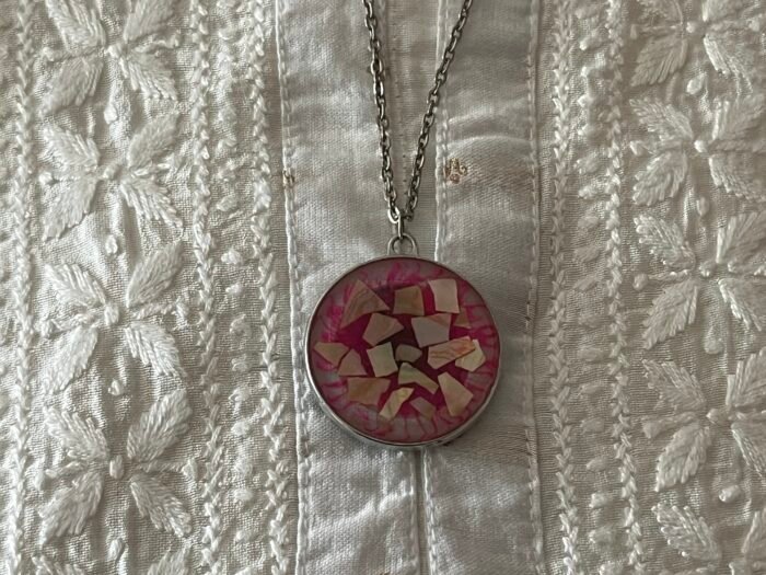 Necklace- Misa Allium Pendant with Silver Cable Chain- Pink with Iridescent shell pieces - Image 3
