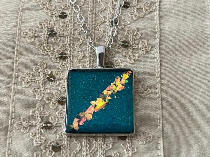 Necklace- Misa Cornus Pendant with Fancy Silver Link Chain- Turquoise Blue, Gold pieces - Image 4