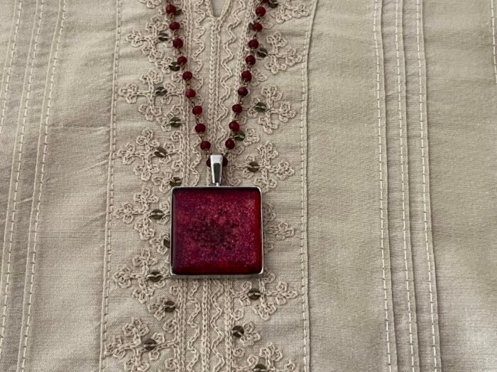 Necklace- Misa Cornus Pendant with Red Beaded Chain- Red base, Red flower - Image 4