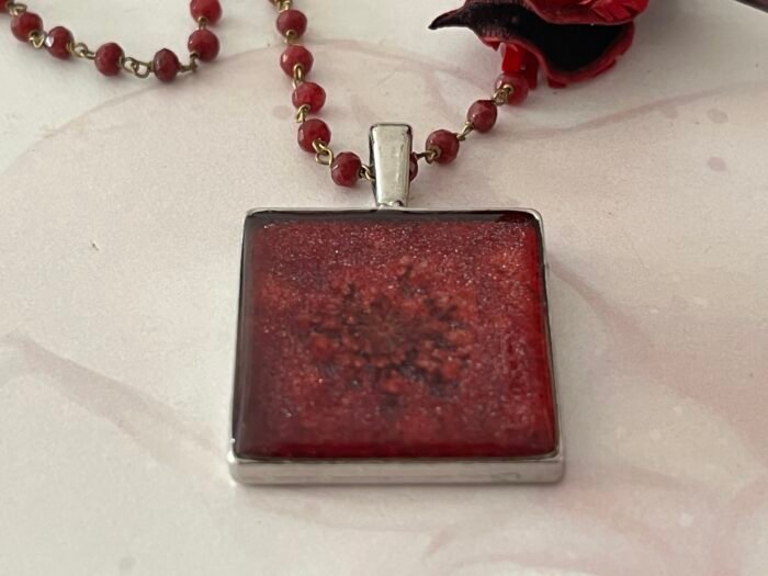 Necklace- Misa Cornus Pendant with Red Beaded Chain- Red base, Red flower - Image 2
