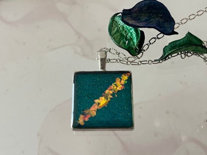 Necklace- Misa Cornus Pendant with Fancy Silver Link Chain- Turquoise Blue, Gold pieces - Image 2