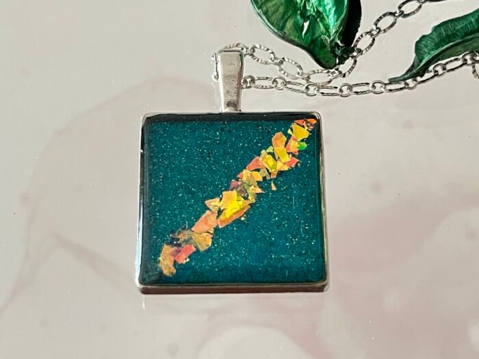 Necklace- Misa Cornus Pendant with Fancy Silver Link Chain- Turquoise Blue, Gold pieces