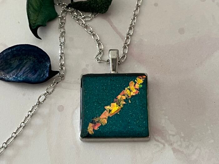 Necklace- Misa Cornus Pendant with Fancy Silver Link Chain- Turquoise Blue, Gold pieces - Image 3