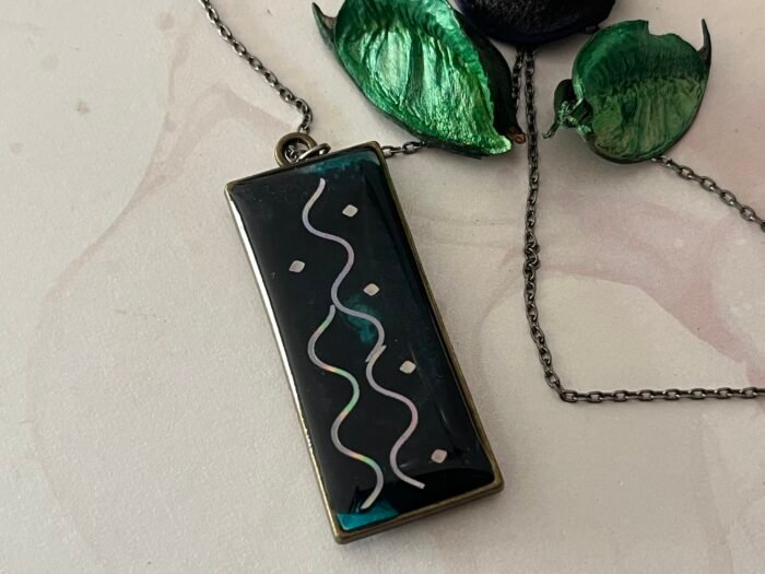 Necklace- Misa Emerald Pendant with Oxidised Silver Link Chain- Blue, Holographic design