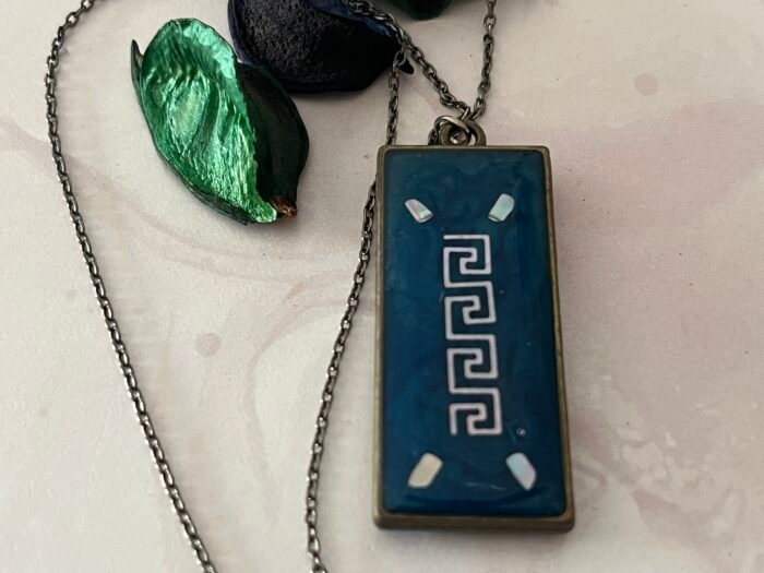 Necklace- Misa Emerald Pendant with Oxidised Silver Link Chain- Midnight Blue, Holographic design - Image 2