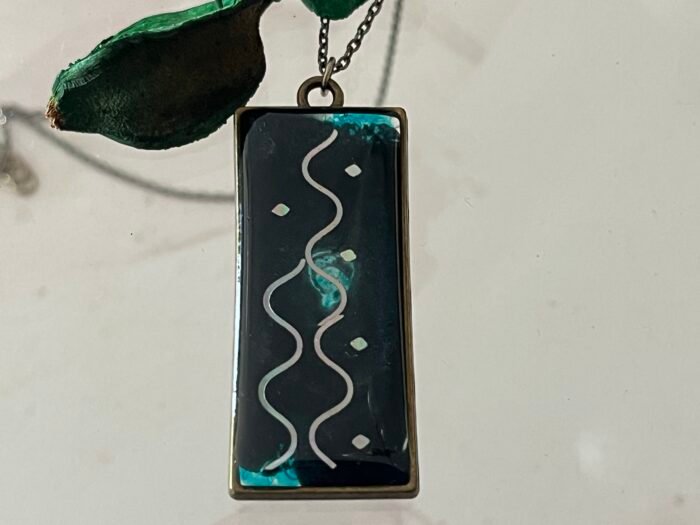 Necklace- Misa Emerald Pendant with Oxidised Silver Link Chain- Blue, Holographic design - Image 3