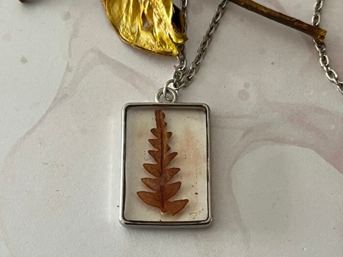Necklace- Misa Emerald Pendant- Iridescent transparent base with Natural Red leaf - Image 2