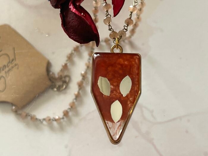 Necklace- Misa Cornus Drop Pendant with Baby Pink Beaded Chain- Plush Orange, Mirrors - Image 2