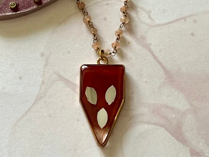 Necklace- Misa Cornus Drop Pendant with Baby Pink Beaded Chain- Plush Orange, Mirrors