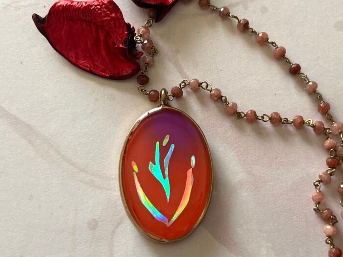 Necklace- Misa Achillea Pendant with Baby Pink Beaded Chain- Plush orange &  Purple, Holographic design