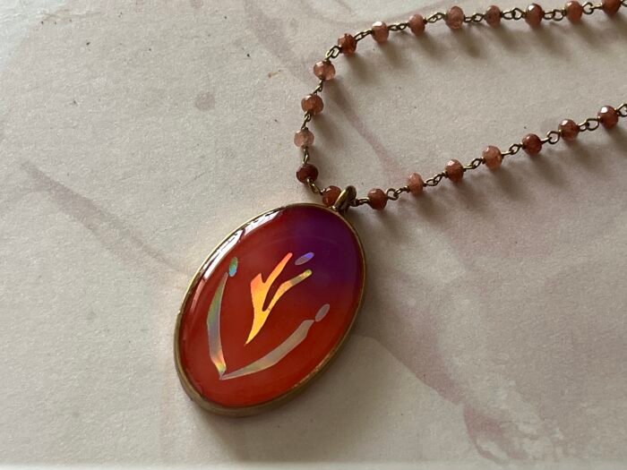 Necklace- Misa Achillea Pendant with Baby Pink Beaded Chain- Plush orange &  Purple, Holographic design - Image 2