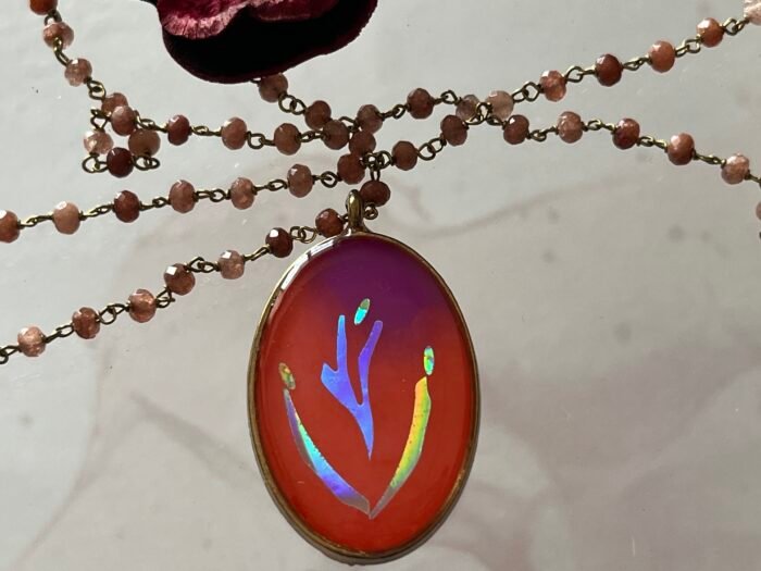 Necklace- Misa Achillea Pendant with Baby Pink Beaded Chain- Plush orange &  Purple, Holographic design - Image 3