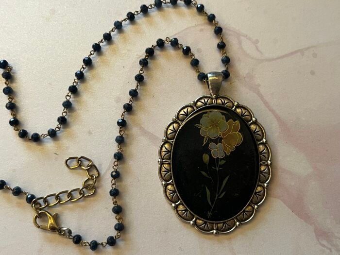 Necklace- Misa Achillea Pendant with Black Beaded Chain- Black base, White, Pink &  Gold flower