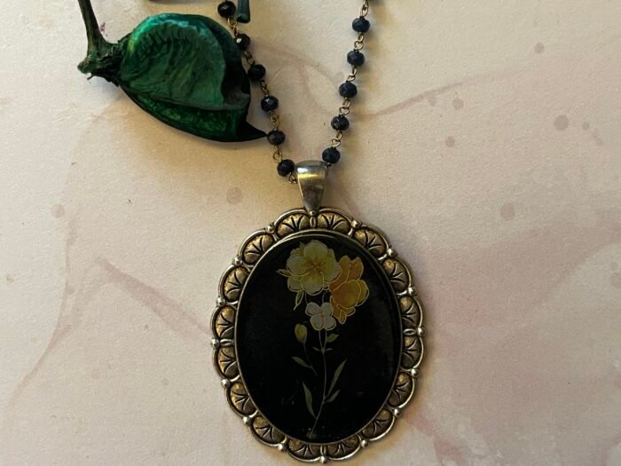 Necklace- Misa Achillea Pendant with Black Beaded Chain- Black base, White, Pink &  Gold flower - Image 2