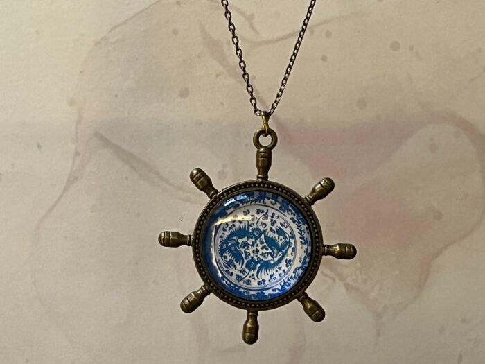 Necklace- Misa Steer Pendant with Antique Link Chain- Blue &  White Glass Cabochon - Image 3