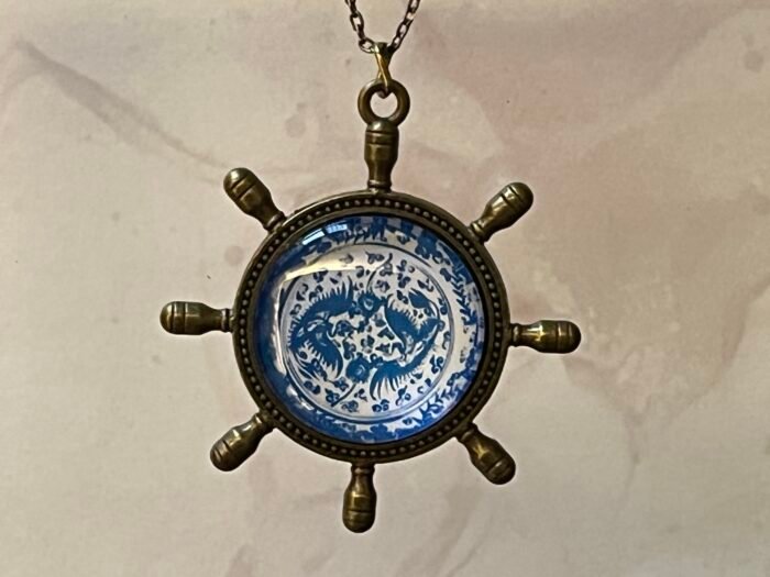 Necklace- Misa Steer Pendant with Antique Link Chain- Blue &  White Glass Cabochon - Image 2