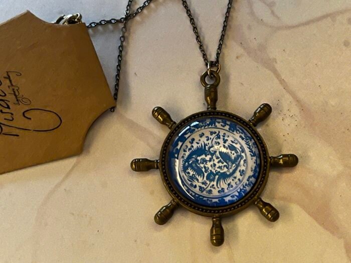 Necklace- Misa Steer Pendant with Antique Link Chain- Blue &  White Glass Cabochon
