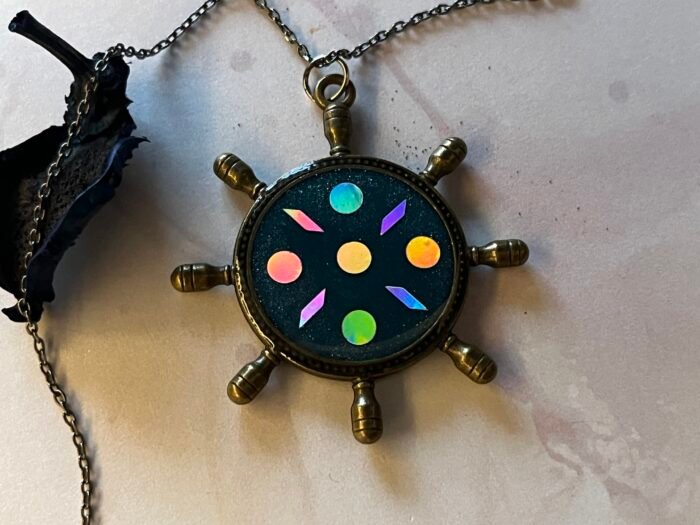 Necklace- Misa Steer Pendant with Antique Link Chain- Midnight Blue, Holographic design
