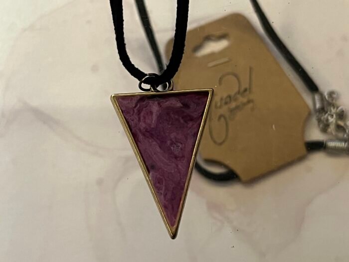 Necklace- Misa Iris Pendant with Black Leather Cord - Opaque Purple &  White - Image 2