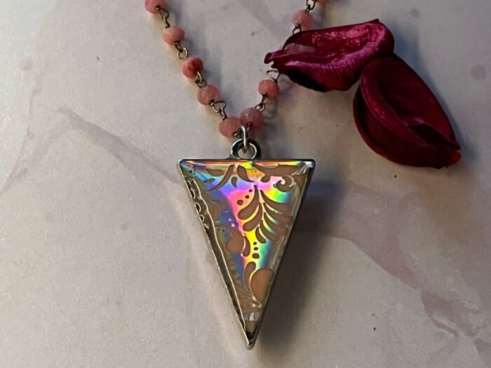 Necklace- Misa Iris Pendant with Pink Beaded Chain- Blush Peach, Holographic design