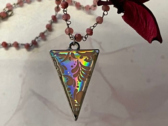 Necklace- Misa Iris Pendant with Pink Beaded Chain- Blush Peach, Holographic design - Image 3